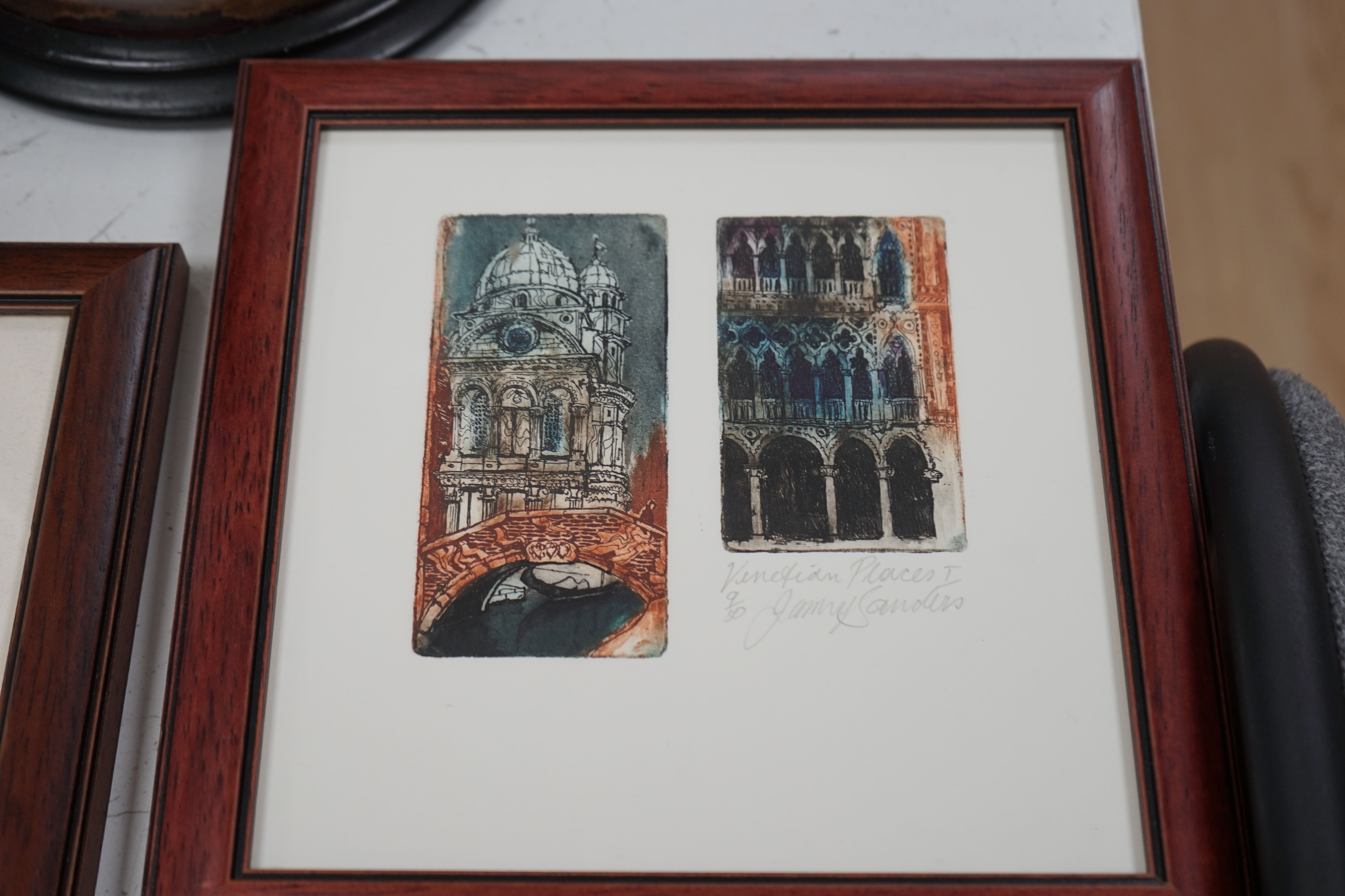 Jenny Sanders, four colour etchings, Venetian scenes including ‘Santa Maria Dei Miracoli’ and ‘View from the Bavolo’, three pencil signed and limited edition, largest 52 x 40cm. Condition - good